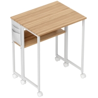 HOMCOM 63 cm Folding Desk with Storage Shelf and Drop Leaf on Wheels - Natural Wood Finish