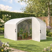 Outsunny Polytunnel Greenhouse Walk-in Grow House with UV-resistant PE Cover, Door, Galvanised Steel Frame, 4 x 3 x 2m, White(m-2)