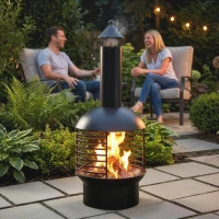 Outsunny Chimney Fire Pit, Portable Wood Burning Firepit with Poker, Charcoal Grid, Outdoor Fireplace for Garden Patio, Black(m-8)