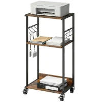 HOMCOM Mesa Industrial para Impressora 3 Níveis, Rodízios e Ganchos, Marrom Rústico.(m-7)