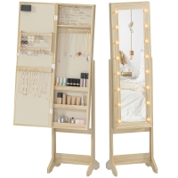 HOMCOM Miroir-aramoire à bijoux avec éclairage LED Armoire pour bijoux Armoire à bijoux sur pied avec miroir pleine longueur Angle réglable Bois naturel