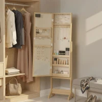HOMCOM Miroir-aramoire à bijoux avec éclairage LED Armoire pour bijoux Armoire à bijoux sur pied avec miroir pleine longueur Angle réglable Bois naturel(m-5)