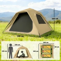 Outsunny Pop Up Tent 3000mm Waterproof Camping Tents with Mesh Windows 3-4 People Khaki(m-3)