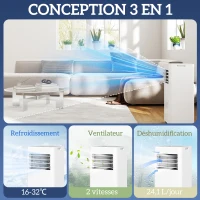 HOMCOM Climatiseur mobile 9000 BTU/H 3 en 1 refroidissement ventilateur déshumidificateur minuterie 24H et télécommande blanc(m-4)