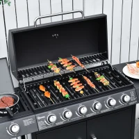 Outsunny Gratar cu Gaz cu Capac si Arzator Lateral, Termometru si 2 Roti(m-3)