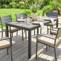 Outsunny Masă de grădină pentru 4–6 persoane, masă de exterior cu blat cu efect de lemn, 140 x 80 x 72 cm, gri închis(m-4)