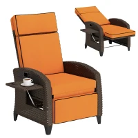 Outsunny Garden Recliner with Cushion, Outdoor Recliner Chair with Adjustable Backrest & Footrest, Side Tray, Orange(m-10)