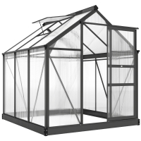 Outsunny 6 x 6ft Polycarbonate Greenhouse, Large Walk in Green House with Slide Door and Window, Garden Plants Grow House with Aluminium Frame and Foundation, Grey