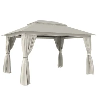Outsunny 3 x 4 m Outdoor Garden Gazebo with Netting and Curtains, UPF50+ Patio Gazebo Permanent Pavilion Canopy, Beige(m-1)