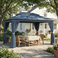 Outsunny 3 x 4 m Outdoor Garden Gazebo with Netting and Curtains, UPF50+ Patio Gazebo Permanent Pavilion Canopy, Dark Blue(m-2)