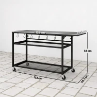 Outsunny Măsuță de grădină cărucior de grătar pe roți cu Blat Lateral Pliabil, Trei Rafturi, 133 x 48,5 x 82 cm, Negru(m-3)