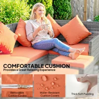 Outsunny 6-Seater Rattan Dining Set Sofa Table Footstool Outdoor w/ Cushion Garden Furniture, Orange(m-5)