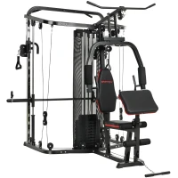 SPORTNOW Station de musculation avec 65 kg de poids, tirage, barre butterfly, banc pupitre réglable, appareil pour jambes(m-1)