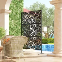 Outsunny Panou paravan decorativ exterior Claustra decorativă grădină 3 panouri cu model floral Oțel 122 x 45 x 198 cm Negru(m-5)