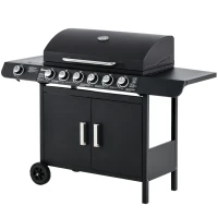 Outsunny Gratar cu Gaz cu Capac si Arzator Lateral, Termometru si 2 Roti(m-1)