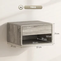 HOMCOM Set di 2 Comodini da Parete con Comodini, Cassetto, Vano Aperto e Piano, 37x32x21 cm, Grigio(m-3)