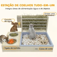 PawHut Comedouro de Feno para Coelhos com Bandeja, Alimentador de Feno em Madeira com Tigela de Aço Inoxidável e Bebedouro(m-4)