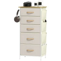 HOMCOM Commode de chambre avec 5 tiroirs en tissu, traverses en acier, surface en bois, 4 poches de rangement, 2 crochets, Beige(m-1)
