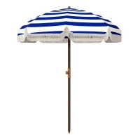 Outsunny Sombrilla de Playa con Flecos Ø190x210 cm con Protección UV40+ Antiviento Impermeable Bolsa de Transporte Azul y Blanco(m-10)