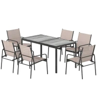 Outsunny Set masă și scaune pentru grădină cu masă cu efect lemn și 6 scaune cu șezut respirabil pentru terasă patio kaki(m-6)