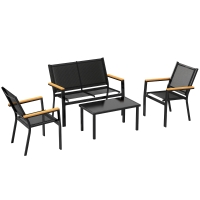Outsunny Conjunto Jardín Exterior de 4 Piezas con Sofá de 2 Plazas 2 Sillones Mesa de Cristal Templado Tela Textilene Negro