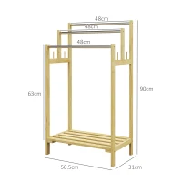 HOMCOM Portasciugamani da Terra in Bambù con 3 Barre in Acciaio e Inossidabile Mensola Aperta, 50,5x31x90 cm, Naturale(m-3)