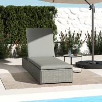 Outsunny Rattan Sun Lounger, Five-Position Reclining Garden Lounger Bed with Cushion, Light Grey(m-2)