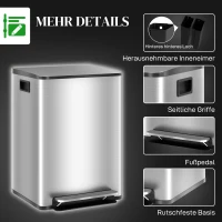 HOMCOM Mülleimer mit 2x20L Fächern, Soft-Close-Deckel, Fingerabdrucksicher, Edelstahl, Silber(m-7)