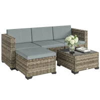 Outsunny Conjunto de Jardín Exterior de Ratán 5 Piezas con Cojines 2 Sillones de Esquina Sillón sin Brazos Reposapiés y Mesa(m-10)