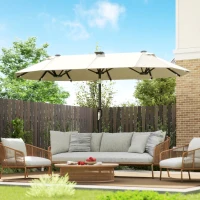 Outsunny Ombrellone Doppio con Luci LED e Manovella, in Poliestere e Acciaio, 2.92x1.5x2.2 m, Beige(m-8)