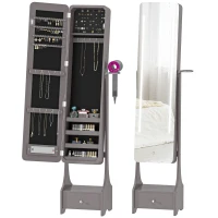 HOMCOM Miroir à bijoux avec LED Armoire à bijoux avec miroir pleine longueur angle réglable tiroir extinction automatique Gris(m-6)