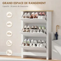 HOMCOM Armoire à Chaussures 3 Portes abattantes 2 Compartiments Panneaux Particules Blanc chêne(m-4)