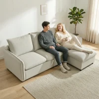 HOMCOM Sofá 3 plazas con puf con almacenamiento, sofá esquinero modular 212 cm, cojines con muelles, tejido de lino, crema(m-4)