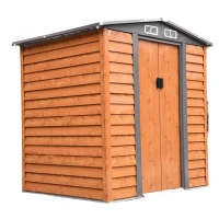 Magazie de grădină robuste din oțel cu uși glisante, efect lemn, 197,5 x 160 x 178‑201 cm – depozitare unelte & scule(m-15)