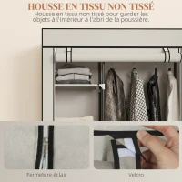 HOMCOM Armoire penderie en tissu meuble de rangement 6 roulettes tringle à vêtements et étagères ouvertes 103x43x162,5cm crème(m-5)