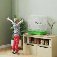 PawHut Cage pour oiseaux Volière en acier avec 2 Mangeoires 2 Perchoirs Balançoire et Plateau Amovible Poignée 46,5x36x59 cm Vert(m-4)