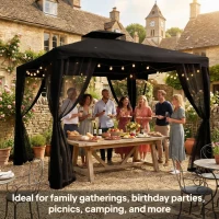 Outsunny 3 x 3 m Metal Gazebo, Garden Pavillion, Double Roof Outdoor Canopy Shelter with Mesh Sidewalls, Black(m-7)