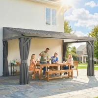 Outsunny 4.3 x 3 m Garden Pergola with Galvanised Steel Roof, Lean to Pergola Gazebo with Netting Curtains, Dark Grey(m-2)