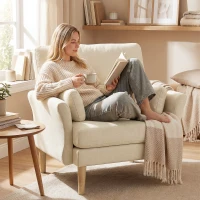 HOMCOM Fauteuil rembourré en velours, fauteuil d'appoint surdimensionné avec pieds en bois, fauteuil de lecture pour salon et chambre, blanc crème(m-2)