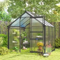 Outsunny 6 x 6ft Polycarbonate Greenhouse, Large Walk in Green House with Slide Door and Window, Garden Plants Grow House with Aluminium Frame and Foundation, Grey(m-8)