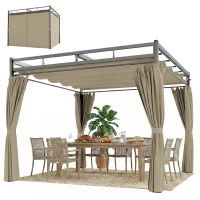 Outsunny 3 x 3 m Pergola with Retractable Roof Canopy and Curtains, UPF30+ Metal Frame Garden Pergola Gazebo Sun Shade, Khaki(m-13)