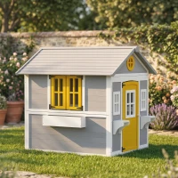 Outsunny Căsuță pentru Copii din Lemn, Exterior și Interior, cu Ușă, Ferestre, Jardiniere și Suporturi pentru Flori, Gri(m-4)