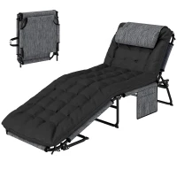 Outsunny Chaise longue pliable avec coussin, transat avec dossier réglable 4 positions poche latérale Noir(m-1)