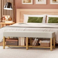 HOMCOM Banc à chaussures 140 cm en bois massif, banc d'entrée moderne avec assise rembourrée pour deux personnes, bois naturel et blanc crème(m-4)