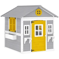 Outsunny Căsuță pentru Copii din Lemn, Exterior și Interior, cu Ușă, Ferestre, Jardiniere și Suporturi pentru Flori, Gri(m-1)