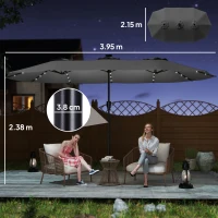 Outsunny Umbrelă Dublă de Grădină 4x2 m cu 36 LED-uri Solare UPF50+ Manivelă 12 Spițe Rezistentă la Apă Gri închis(m-3)