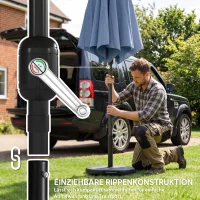 Outsunny Umbrelă de soare Ø295 cm, UV 30+ umbrelă rotundă pentru balcon, umbrelă de plajă, umbrelă de piață pentru plajă balcon grădină, Albastru(m-5)
