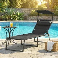 Outsunny Bain de soleil chaise longue pliante avec pare-soleil, appuie-tête inclinable en tissu Oxford 70 x 200 x 45 cm, noir(m-10)