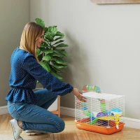 PawHut Cage pour hamster avec tunnel gamelle biberon maisonnette rampe roue d'exercice bac amovible 46x30x37 cm Orange(m-5)