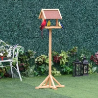 PawHut Hrănitoare pentru păsări exterioară pe picior, acoperiș rezistent la intemperii, lemn masiv, 55 x 55 x 144 cm, lemn natural(m-6)
